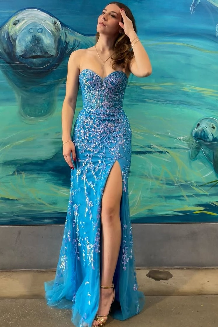Sweetheart Tulle Side-Split Lace Appliques Mermaid Prom Dresses With Detachable Skirt,DS4432 main image 1