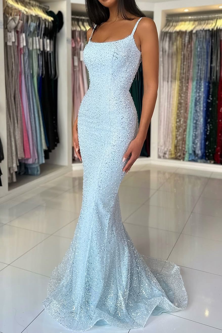 Elegant Long Mermaid Spaghetti Straps Sequined Formal Prom Dresses With Slit