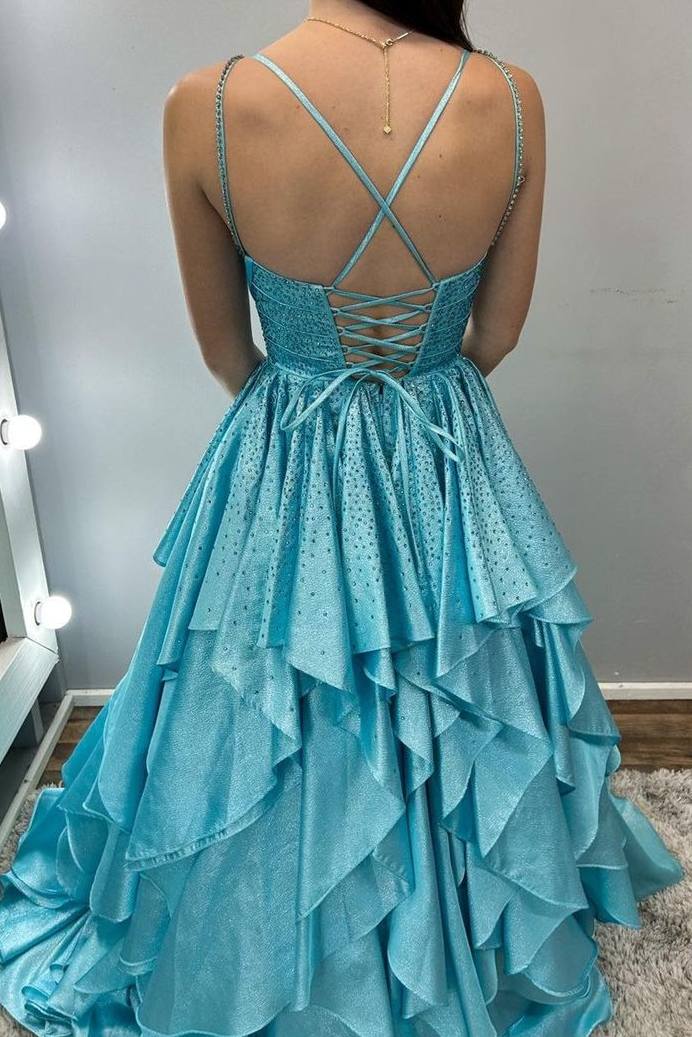 A-Line Ruffles Straps V-Neck Rhinestone Empire-Waist Prom Dress
