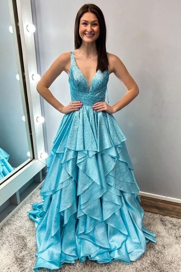 A-Line Ruffles Straps V-Neck Rhinestone Empire-Waist Prom Dress