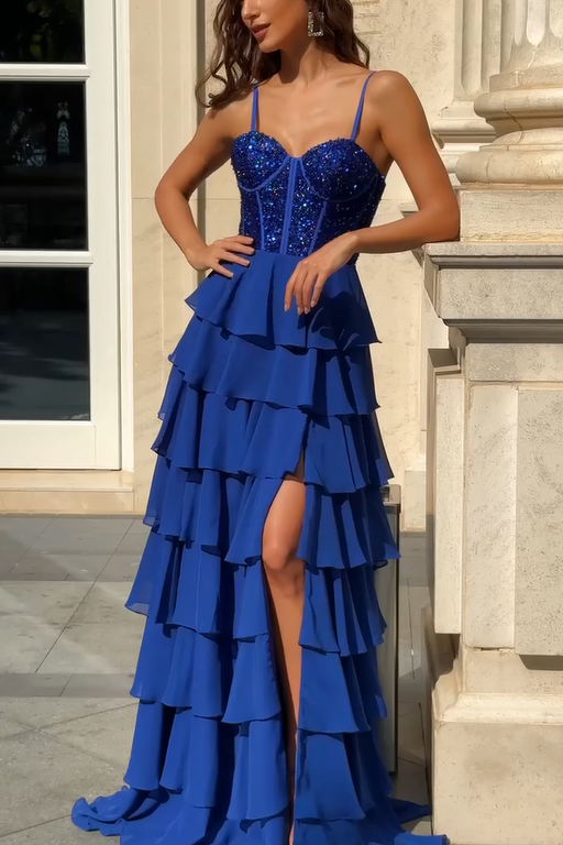 Spaghetti Straps Sweetheart Layered Chiffon Prom Dress with Slit