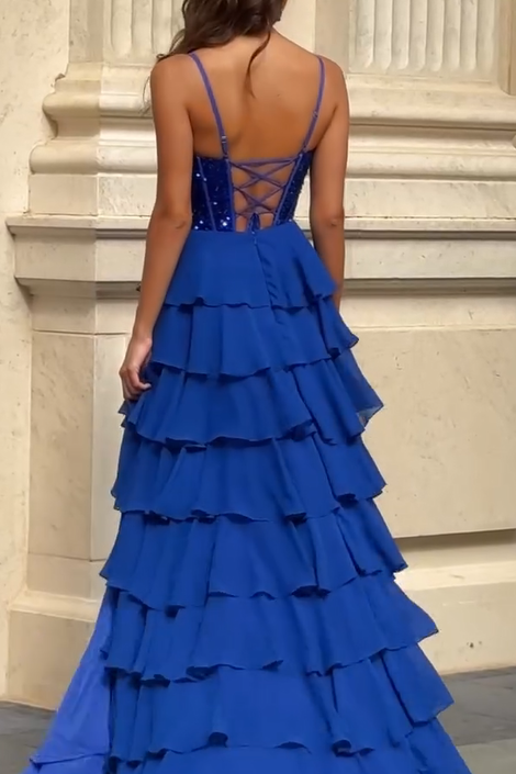 Spaghetti Straps Sweetheart Layered Chiffon Prom Dress with Slit