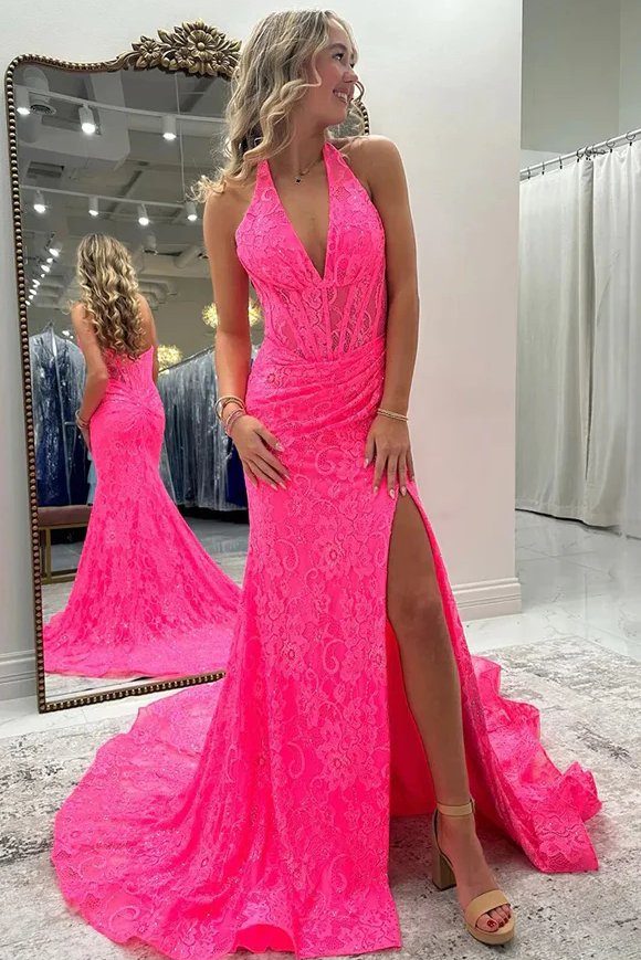 Pink Halter V-Neck Lace Pleats Side Slit Mermaid Prom Dress with Train Modsele Pink Halter V-Neck Lace Pleats Side Slit Mermaid Prom Dress with Train Modsele