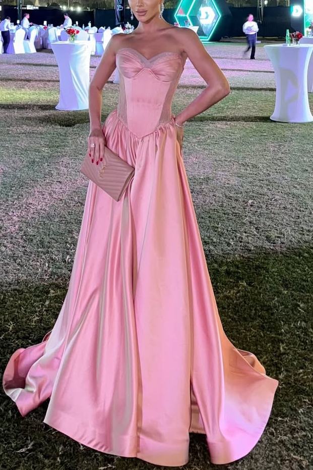 Pink Strapless Satin Prom Dress A Line Formal Evening Gown with Beadings main image 0
