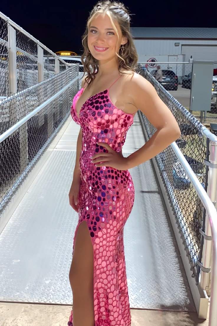 Pink Spaghetti Straps Mirror-Cut Sequins Mermaid Prom Dress with Slit