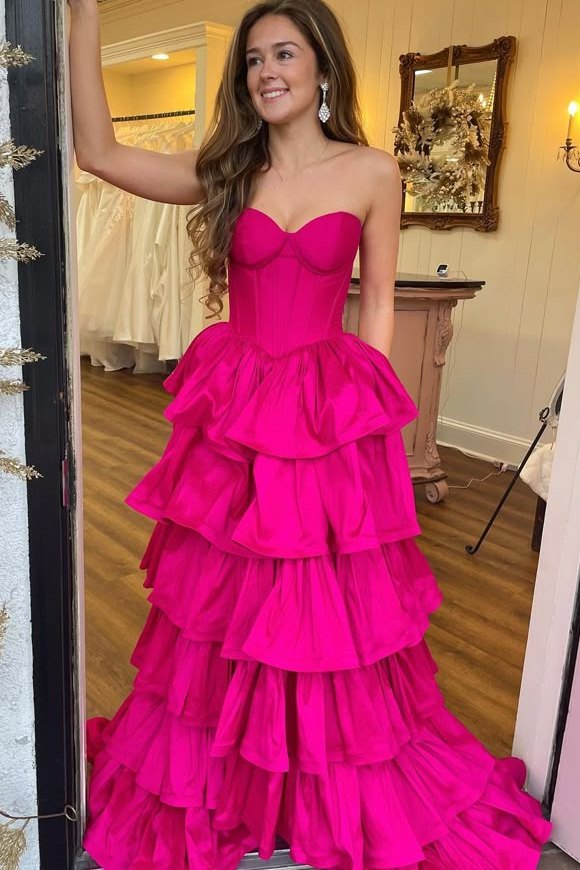 Pretty A-Line Strapless Sweetheart Ruffle Satin Red High-Low Prom Dress main image 0