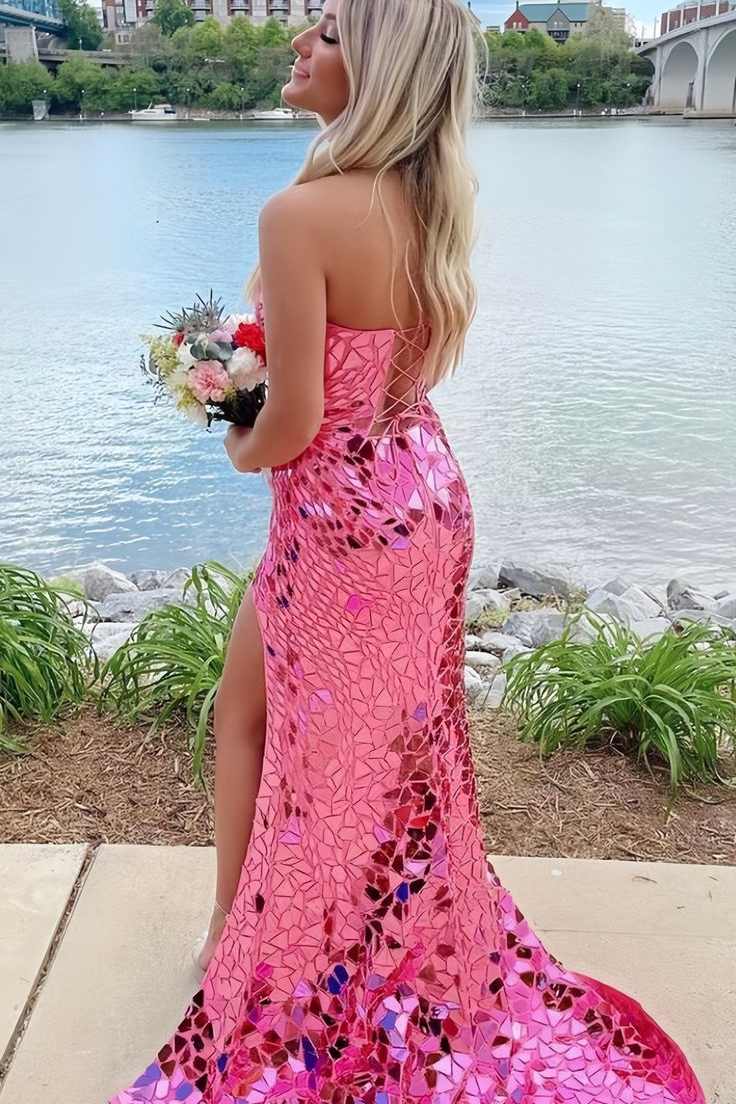 Strapless Mirror-Cut Sequins Mermaid Long Prom Dress with Slit