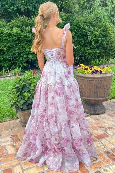 A-Line Straps Sweetheart Empire-Waist Print Long Prom Dress