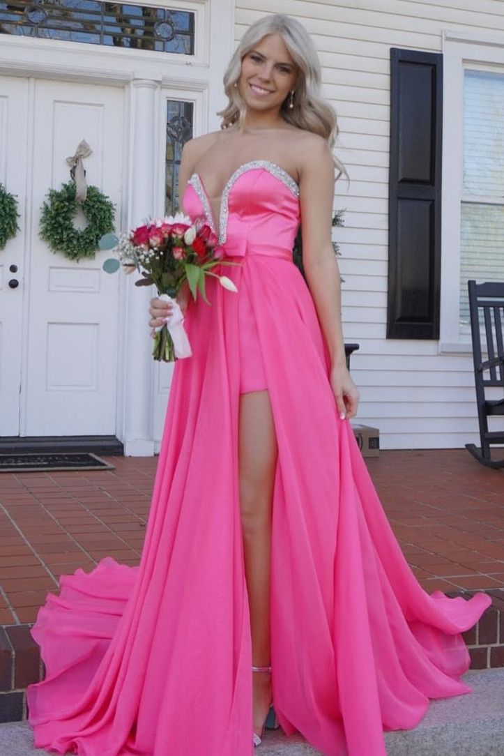 Ovlias Elegant Pink Empire Strapless Prom Dress Pleated with Sequins ZT0555 main image 0