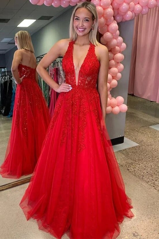 Red Halter A-Line V-Neck Lace Appliques Empire-Waist Prom Dress