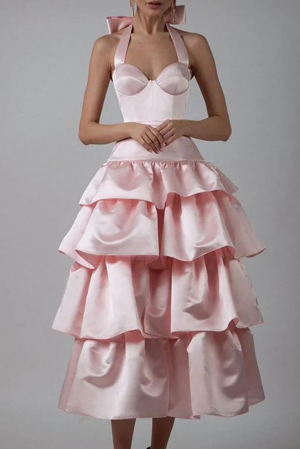 A-Line Halter Tiered Satin Empire-Waist Sleeveless Prom Dress with Bow