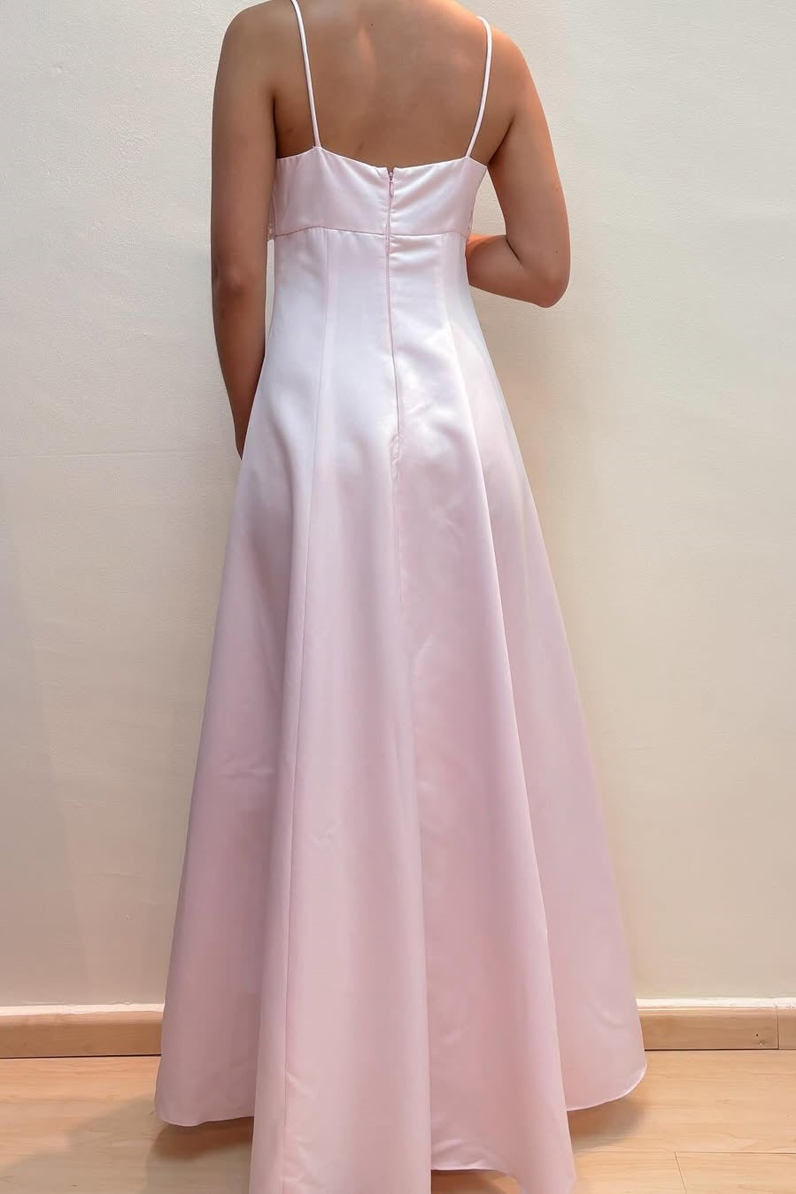 Pink Spaghetti Straps Appliques Empire-Waist Satin Prom Dress