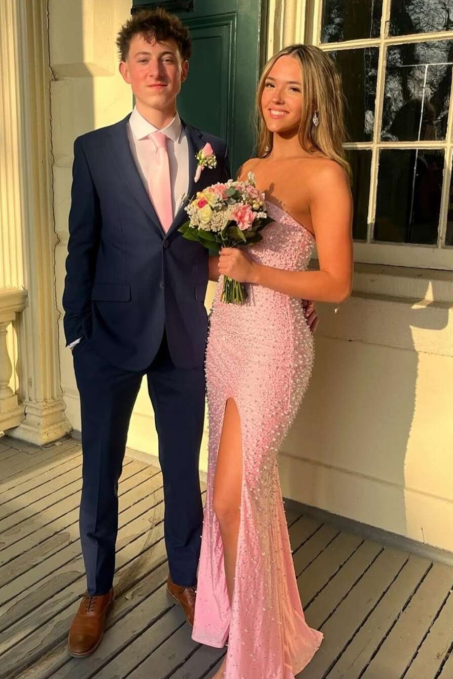 Pink Strapless Beaded Scoop Side Slit Mermaid Long Prom Dress