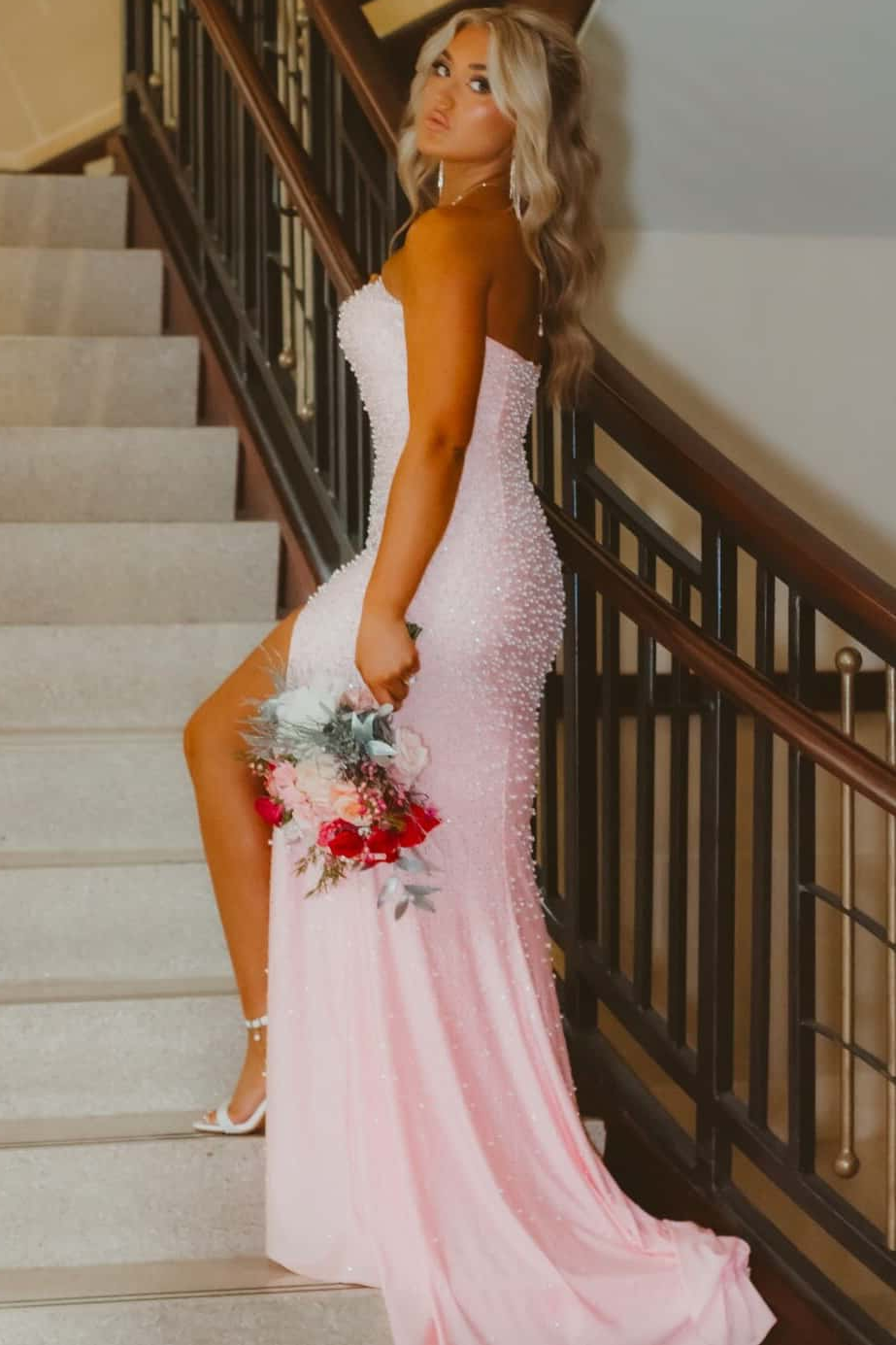 Pink Strapless Beaded Scoop Side Slit Mermaid Long Prom Dress