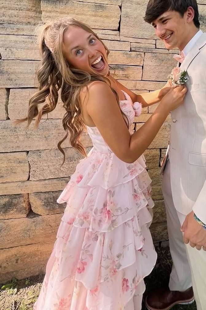 Pink A-Line Strapless Empire-Waist V-Neck Ruffles Print Prom Dress