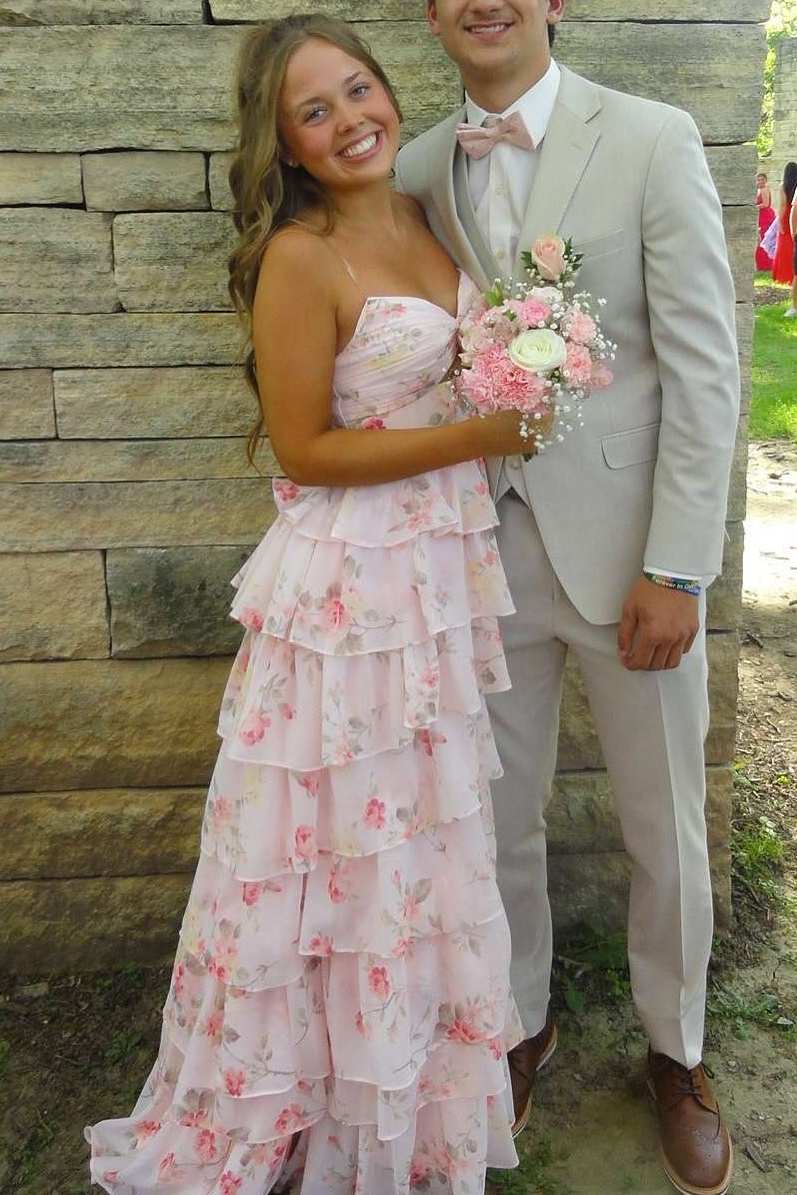 Pink A-Line Strapless Empire-Waist V-Neck Ruffles Print Prom Dress