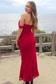 Classy Burgundy Off-Shoulder Pleats Sheath Formal Prom Dress