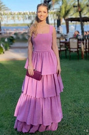 Elegant A-Line Straps Empire-Waist Tiered Sleeveless Long Prom Dress