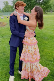 Sweet Spaghetti Straps Print Empire-Waist Tiered Long Prom Dress