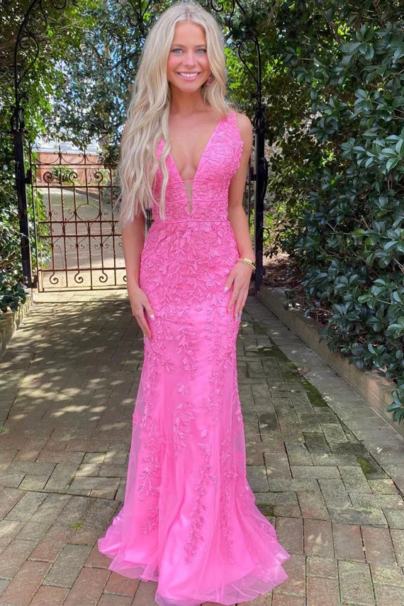 Sweet Pink Floral Mermaid Deep V Halter Sequined Long Prom Dress Evening dress cc4928