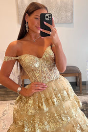Off-the-Shoulder Gold Sequin Lace Ruffle Multi-Layer Long Gown