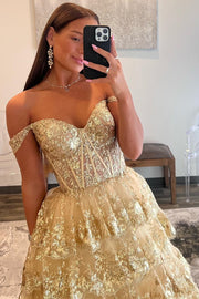 Off-the-Shoulder Gold Sequin Lace Ruffle Multi-Layer Long Gown