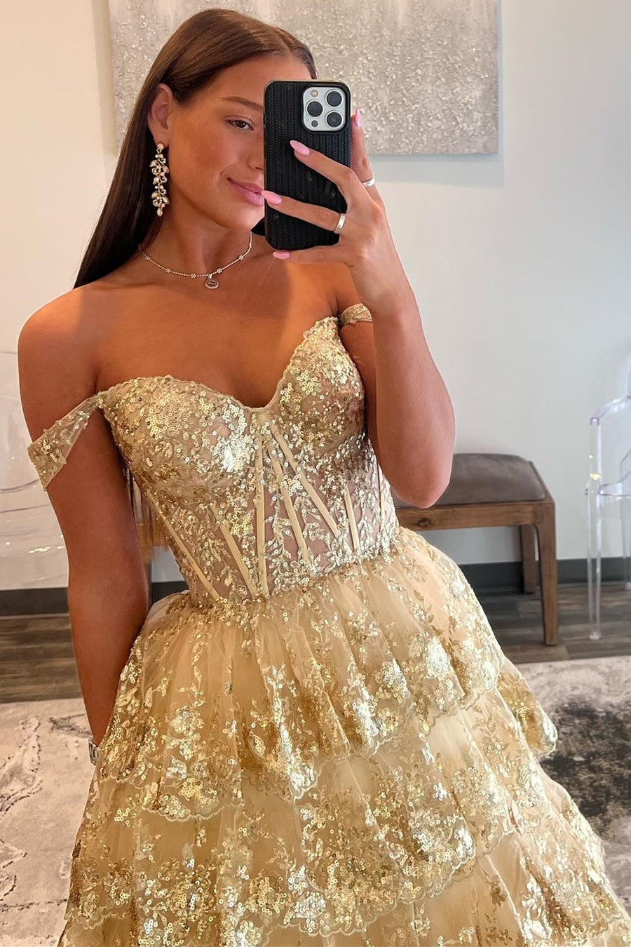 Off-the-Shoulder Gold Sequin Lace Ruffle Multi-Layer Long Gown