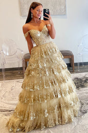 Off-the-Shoulder Gold Sequin Lace Ruffle Multi-Layer Long Gown