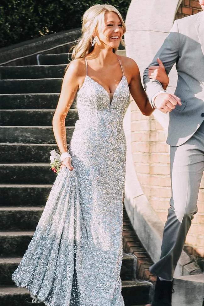 Sparkly Spaghetti Straps V-neck A-line Tulle Prom Dress , WGP288