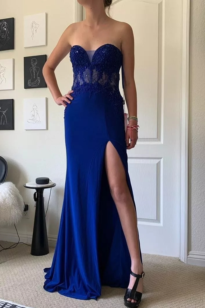 Royal Blue Strapless Sweetheart Appliques Prom Dress with Slit – Modsele