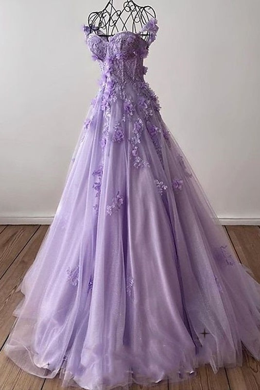A Line Sweetheart Appliques Tulle Prom Dresses LBQ1553 main image 1