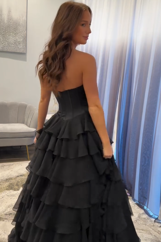 A-Line Strapless Beads V-Neck Tiered Chiffon Sleeveless Prom Dress with Slit