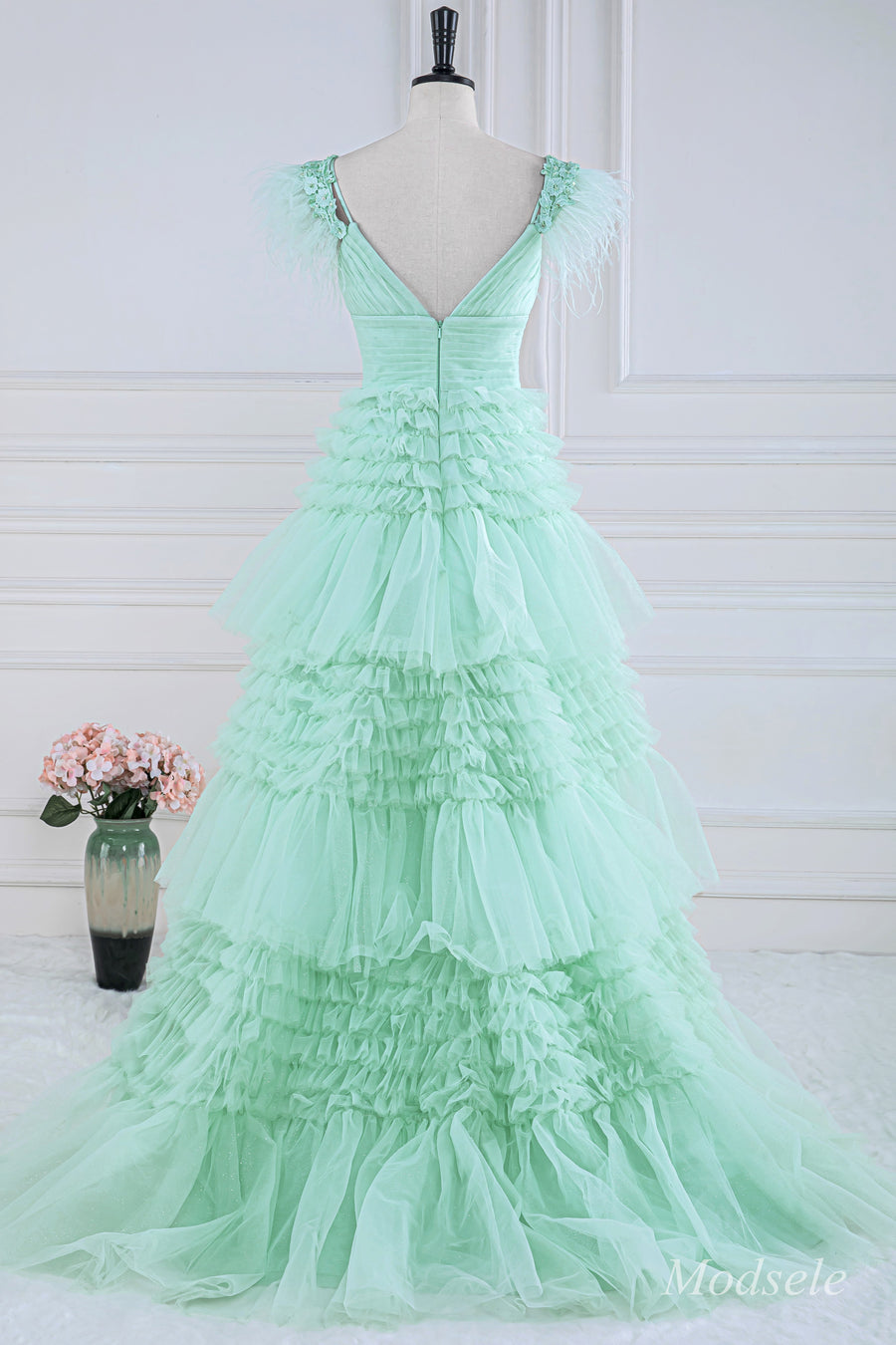 Pink Feather Cold-Shoulder Tiered Long Prom Dress with Ruffles