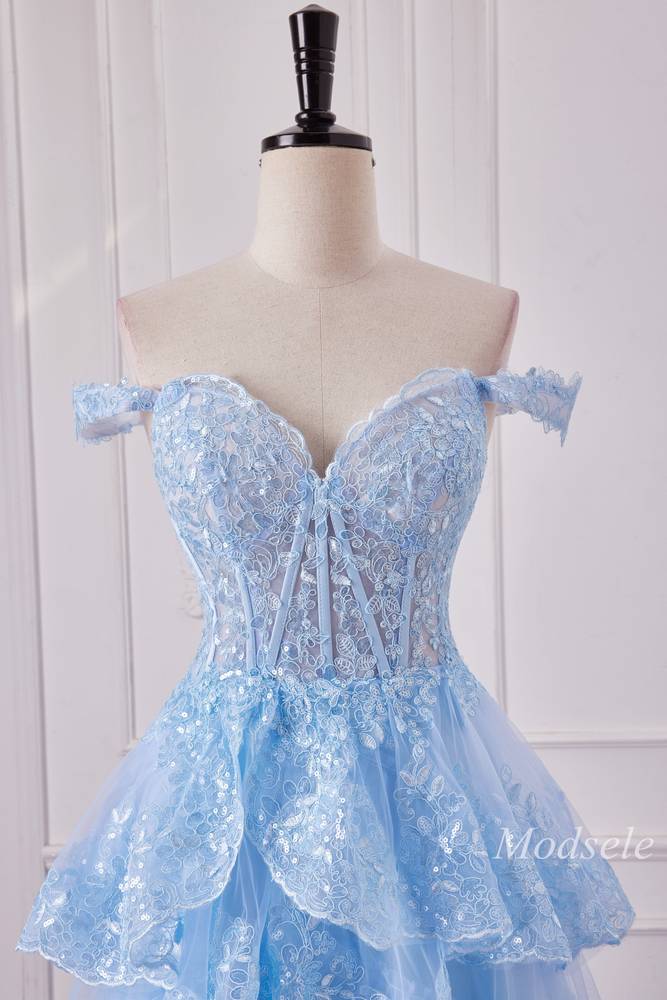 Light Blue Tulle Sequin Off-the-Shoulder Ruffle Long Gown with Slit
