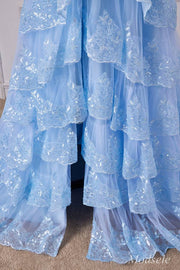 Light Blue Tulle Sequin Off-the-Shoulder Ruffle Long Gown with Slit
