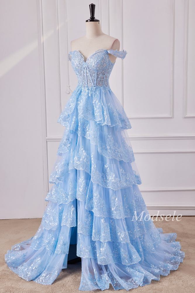 Light Blue Tulle Sequin Off-the-Shoulder Ruffle Long Gown with Slit