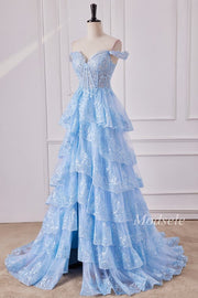 Light Blue Tulle Sequin Off-the-Shoulder Ruffle Long Gown with Slit