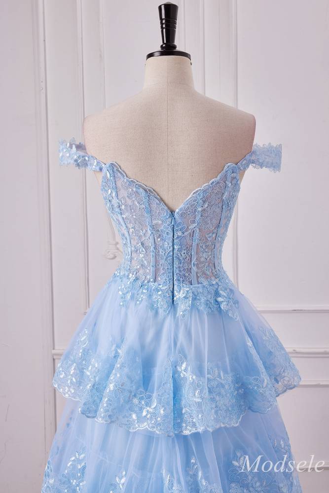 Light Blue Tulle Sequin Off-the-Shoulder Ruffle Long Gown with Slit
