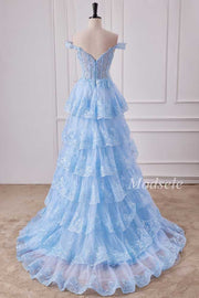 Light Blue Tulle Sequin Off-the-Shoulder Ruffle Long Gown with Slit