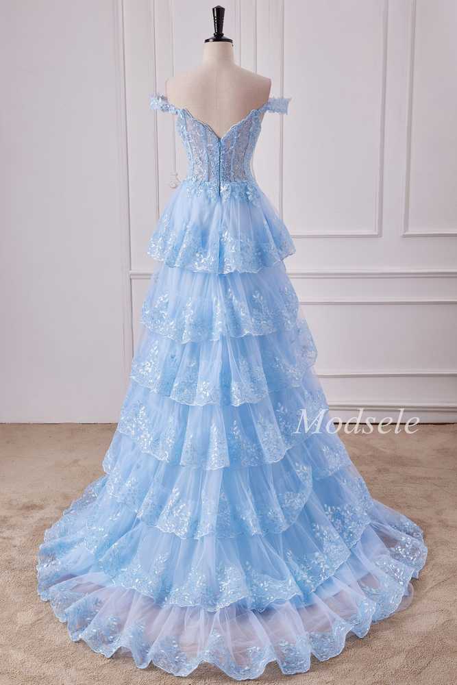 Light Blue Tulle Sequin Off-the-Shoulder Ruffle Long Gown with Slit