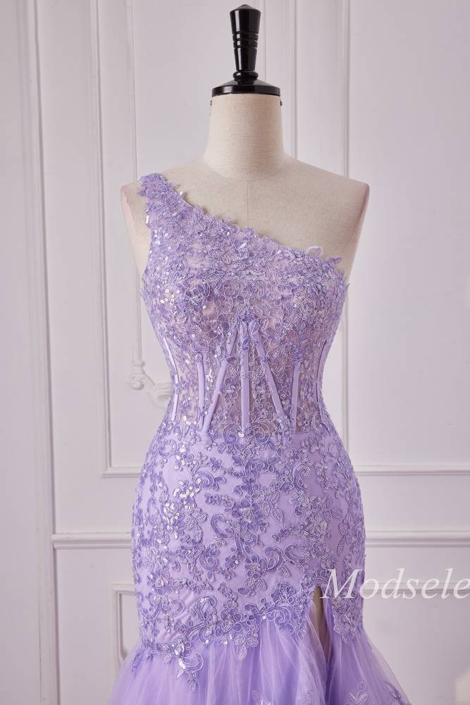 Lavender Tulle Sequin One-Shoulder Ruffle Mermaid Gown with Slit