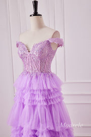 Lavender Tulle Sequin One-Shoulder Ruffle Mermaid Gown with Slit