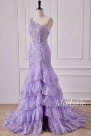 Lavender Tulle Sequin One-Shoulder Ruffle Mermaid Gown with Slit