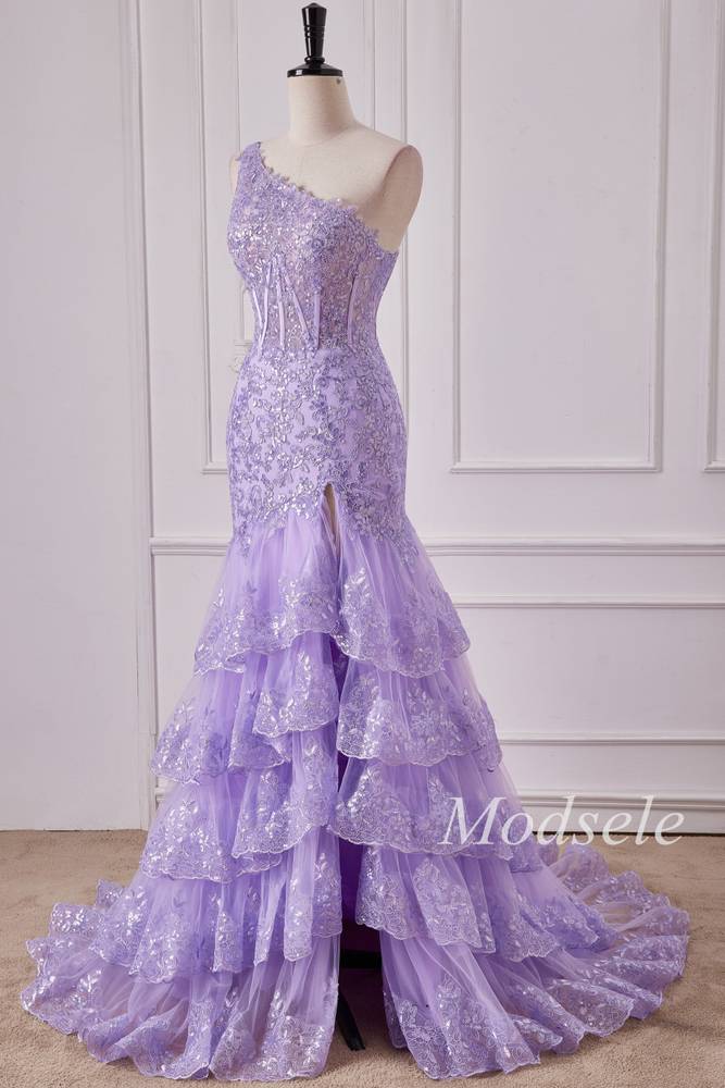 Lavender Tulle Sequin One-Shoulder Ruffle Mermaid Gown with Slit