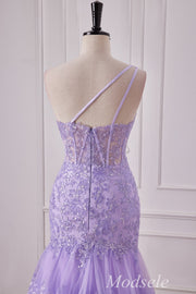 Lavender Tulle Sequin One-Shoulder Ruffle Mermaid Gown with Slit