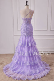 Lavender Tulle Sequin One-Shoulder Ruffle Mermaid Gown with Slit