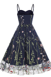 Plus Size Navy Blue Floral Embroidered Sweetheart Midi Dress