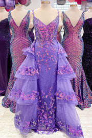 Blue Sequin Lace V-Neck Pageant Dress with Attached Train