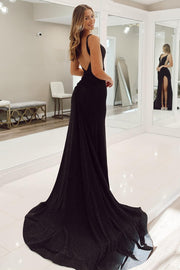 Black Plunge V Backless Mermaid Long Formal Dress with Slit