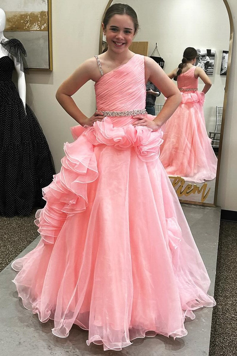 Asymmetrical Beaded Ruffle Long Girl Pageant Dress in Pink